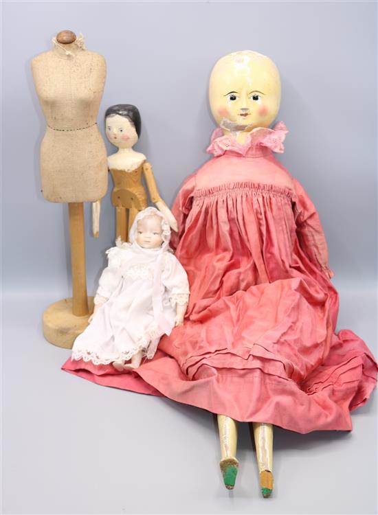 Wooden peg doll, 2 others & a dummy